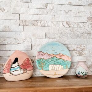 Vintage Mountain Scenes 24Kt Gold Accents Hand Painted Pastel Pottery set of 3